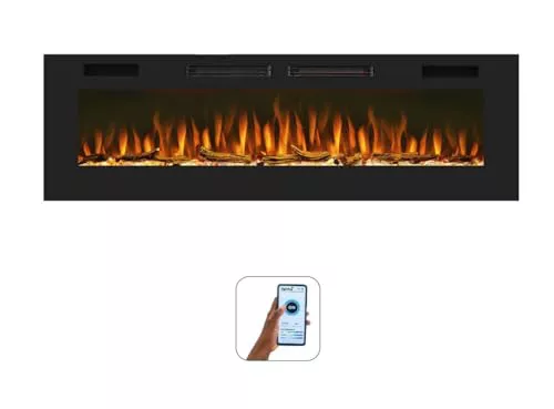 Mystflame Crystal 50 - Chimenea Eléctrica de Pared con Wi-Fi, 127 cm, Ultra Delgada 8 cm, 12 Colores de Llama, Termostato 750/1500W, Estufa con Calefacción Confortable, Pantalla Táctil y Temporizador