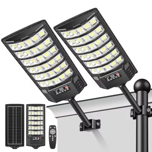 LEKIA Farola Solares Exterior, Potente 1000W 7000K Luz Solar Exterior con Sensor Movimiento y Mando Distancia, Focos LED Solar Impermeable Luces Solares para Jardín, Calle (2 Paquetes)