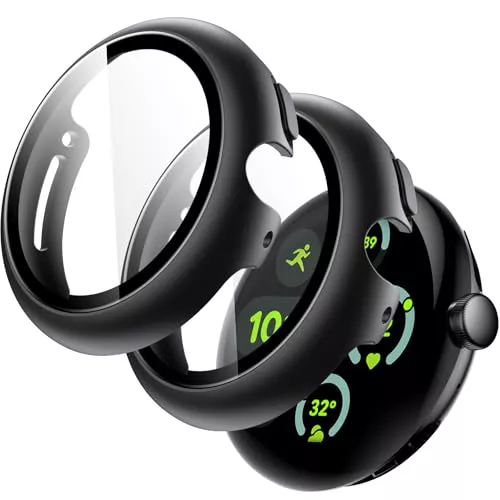 JETech Funda con Protector de Pantalla para Google Pixel Watch 3/2/1 41mm, Cristal Vidrio Templado Incorporado 9H Carcasa PC Dura, 2 Unidades (Negro/Negro)