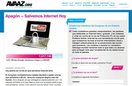 Firmas contra la #SOPA en Avaaz: ahora mismo van por 1,6 millones...
