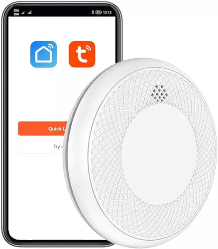 Detector de Humo Inteligente Wi-Fi, batería de 10 años con notificación Mediante aplicación, función silenciosa y autoprueba, Compatible con EN 14604, 1 Pieza (Compatible con App Tuya/Smart Life)