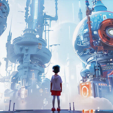 Niño mirando a un infinito futurista sin humanos trabajando a la vista.