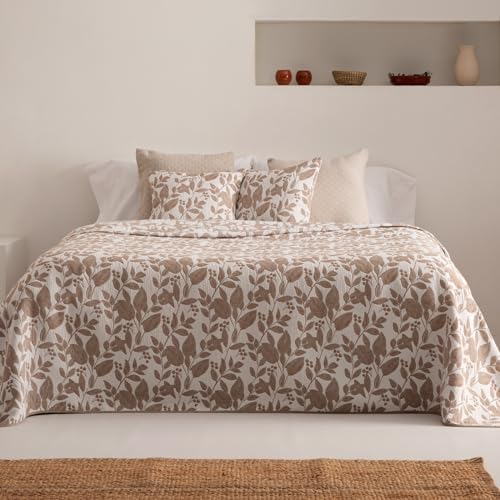 GAMUSI Colcha Cama 135/140 cm Ligera Entretiempo Primavera Verano Salvi Jacquard algodón Transpirable, 235x270 cm, Color Beige