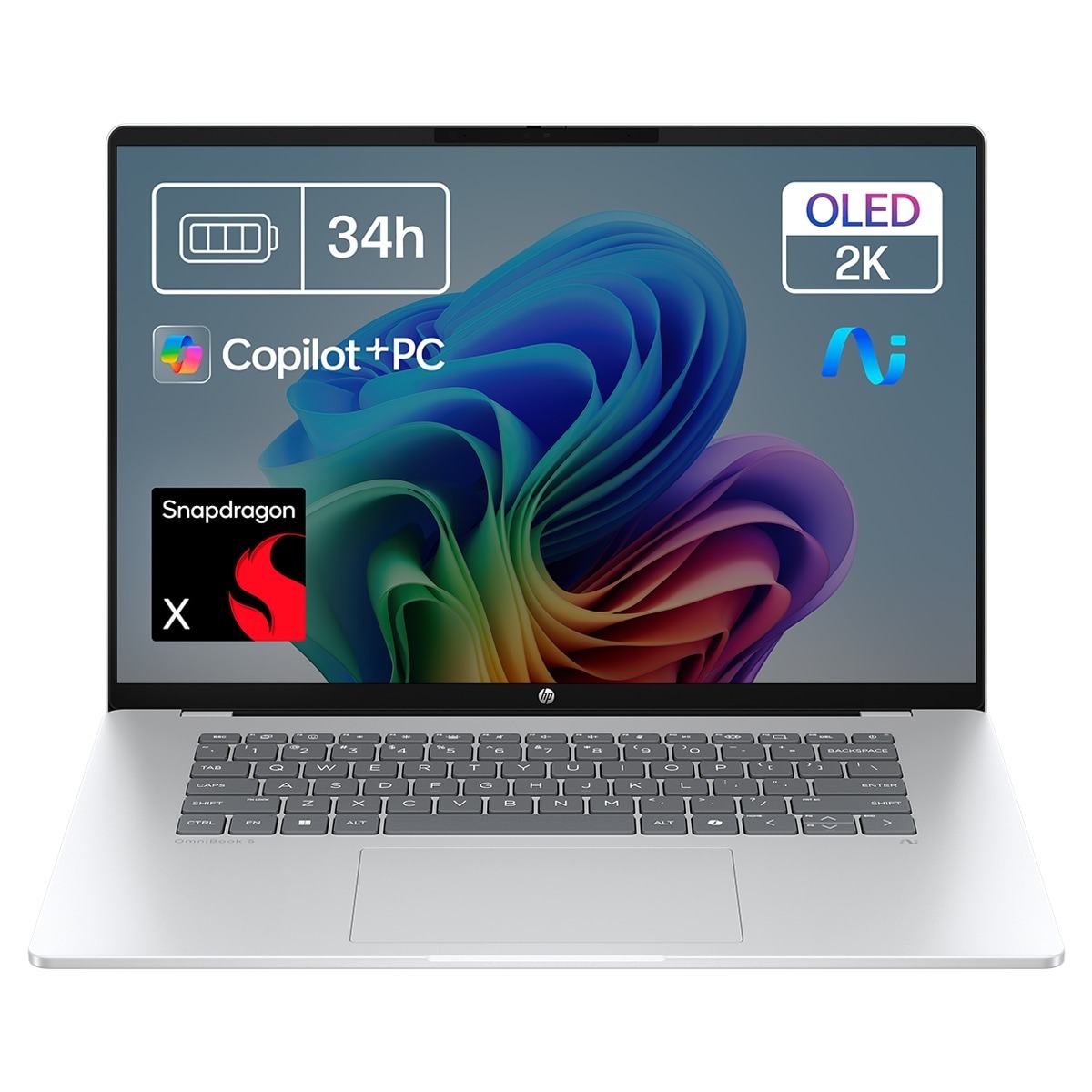 HP OmniBook 5 16-bf0000ns Copilot+PC Laptop, QC Snapdragon X1-26-100, 16GB, 512GB SSD, 16" OLED, W11