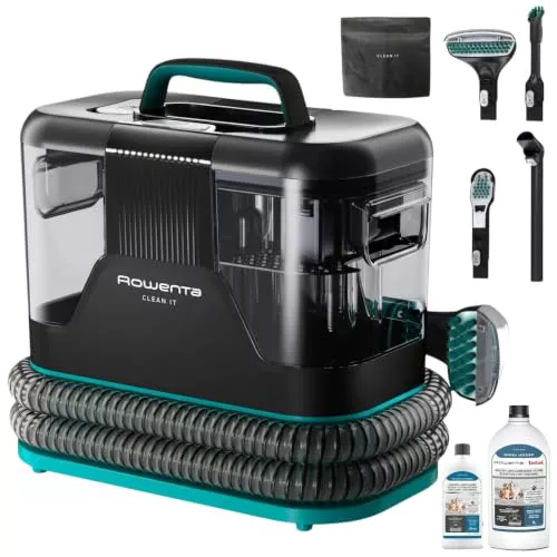 Rowenta Clean It, Aspirador de tapicerías + 2 botellas de solución de limpieza para mascotas (250ml + 1L)