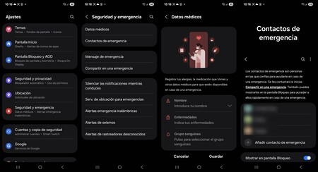 datos médicos contactos de emergencia en Samsung