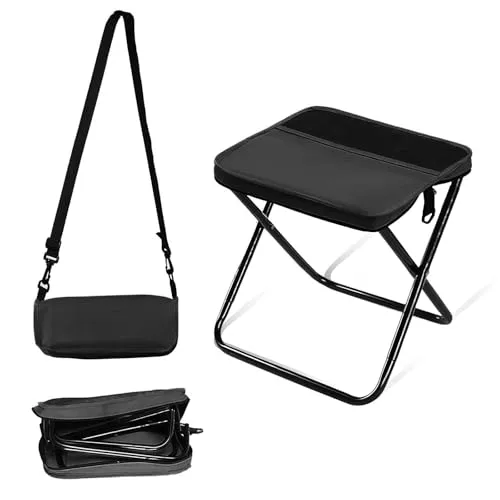 AURIVEE® Taburete Plegable Tipo Mochila, Negro Grande - Silla Plegable Portátil con Correa, Soporta 120kg para Camping, Senderismo, Pesca, Jardín, Viaje
