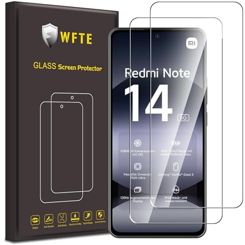 WFTE [2-Pack Protector de Pantalla para Xiaomi Redmi Note 14 5G/4G,9H Dureza,Huellas Dactilares Libre,Sin Burbujas,Cristal Templado Protector de Pantalla Xiaomi Redmi Note 14 5G/4G