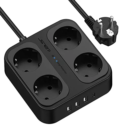 JSVER Regleta Enchufe de 4 Tomas Corrientes y 4 USB Rápidos