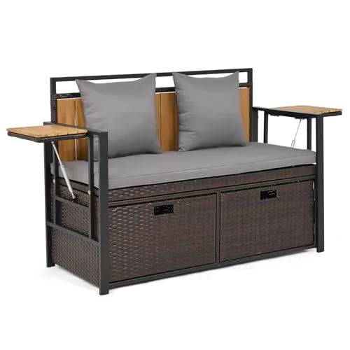 COSTWAY Banco Almacenaje Exterior, 142L Banco de Jardín Exterior para 2 Personas de Ratán PE con Compartimento Oculto, Cojín Acolchado y 2 Almohadas Suaves, para Terraza, Patio, Piscina