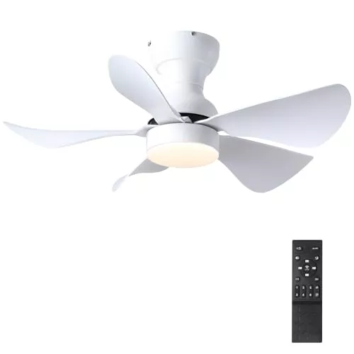 Ventilador de techo pequeño blanco con luces y mando a distancia, ventilador de techo moderno de perfil bajo con luz LED regulable, ventilador de techo silencioso de montaje empotrado para dormitorio
