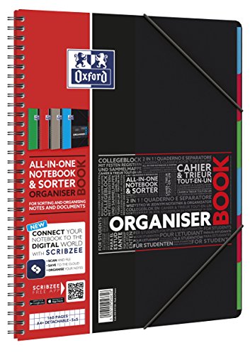 Oxford 400019524 Cuaderno de espiral digitales Organiserbook con SOS App Notas A4, 80 hojas, 90 g / m², Paquete de 5, colores surtidos