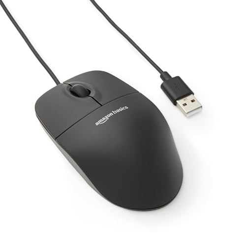 Amazon Basics - Ratón USB con cable de 3 botones, color negro
