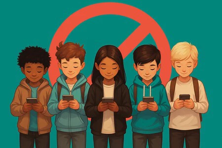 Dibujo de unos niños usando teléfonos móviles
