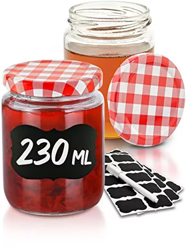 Pack x25 Tarros de Cristal para Conservas de 230 ml - Con Etiquetas y Rotulador - Herméticos - Apto para Lavavajillas 