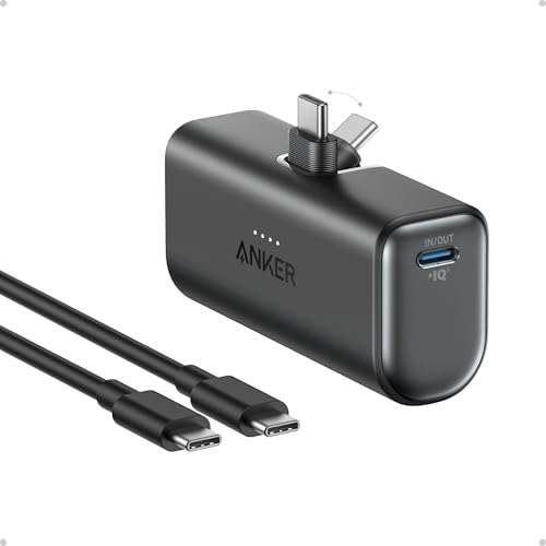 Anker Nano Power Bank, 5000 mAh Power Bank 22,5 W, Conector USB-C Plegable, Compatible con iPhone 16/15, Samsung S22/23 Serie, Note20/10 Serie, Huawei, iPad Pro/Air, AirPods y más (Negro)