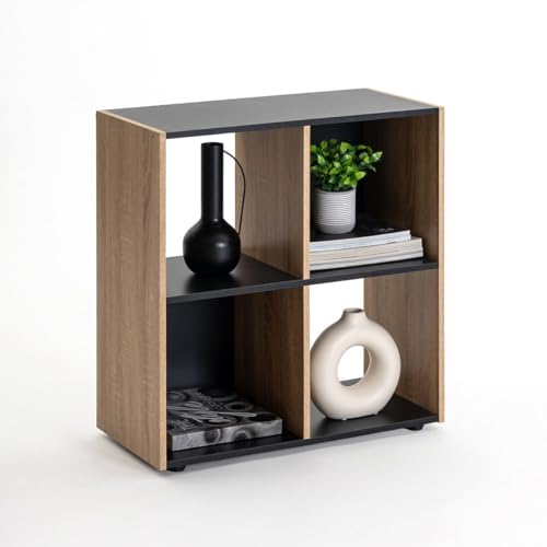 LOLAhome Estantería Cubo, Librería de 4 Cubos Laminada Negra y Natural, Adecuada para Estudio, Oficina, Sala de Estar, Dormitorio de 62x60x29 cm