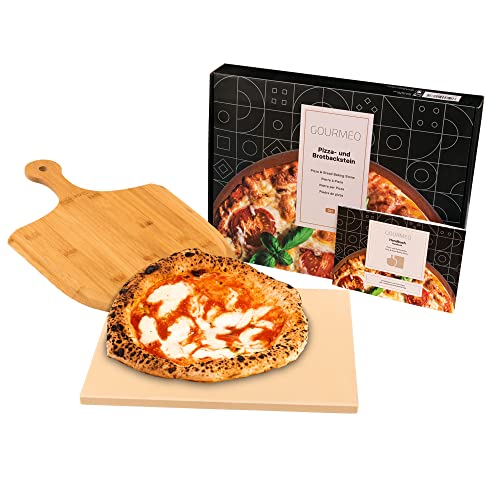 GOURMEO Kit de Piedra para Pizza + Pala de Madera 