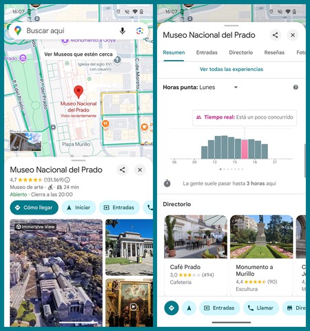 Capturas de pantalla mostrando la ficha de Google Maps del Museo Nacional del Prado y el gráfico de horas punta