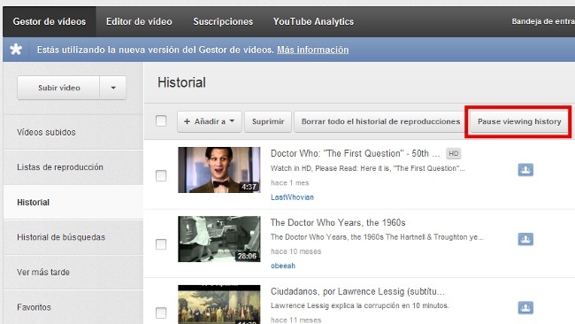 Impide que YouTube almacene los videos que has visto y tus búsquedas