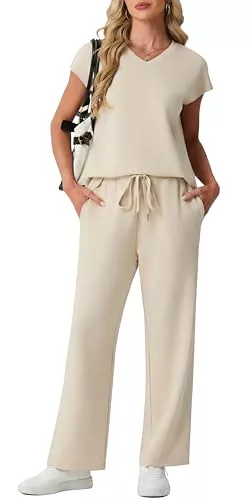 GRECERELLE Conjunto completo de chándal para mujer, conjunto de ropa de descanso de manga corta para mujer, trajes casuales de cuello redondo y pantalones deportivos para gimnasio con bolsillos