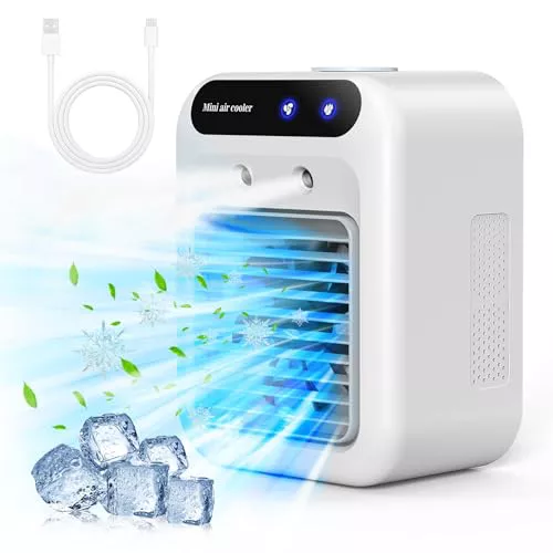 Aire Acondicionado Portatil, Mini USB Ventilador, Enfriador de Aire, Aire Humidificador Portátil Silencioso, 2Velocidades de Ventilador, 2 Modos de Nebulización, Adecuado para Hogar, Oficina