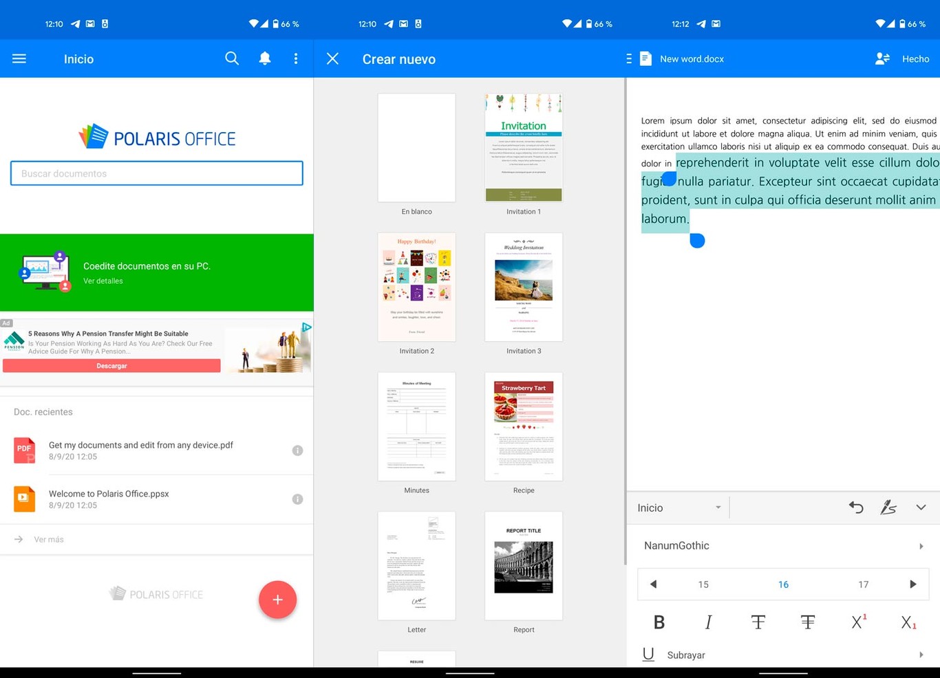 Open Office no está en Android, pero tienes muy buenas