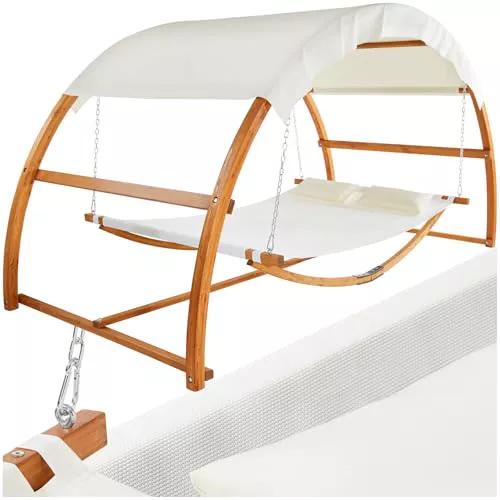 tectake® Hamaca Colgante para 2 Personas, Estructura de Madera Resistente con Techo, 2 Cojines Incluidos, Ideal para Jardín Terraza o Camping, 250 kg de Carga - 328 x 160 x 172 cm