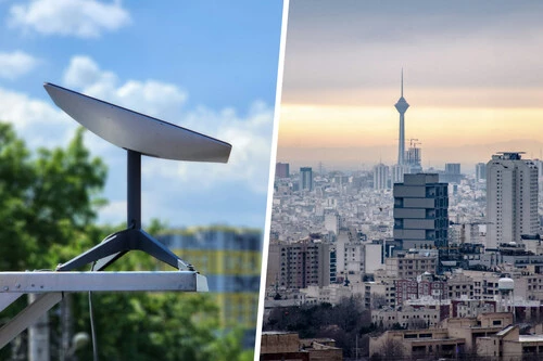 Composición con foto de antena de Starlink e imagen de Teherán (Irán)