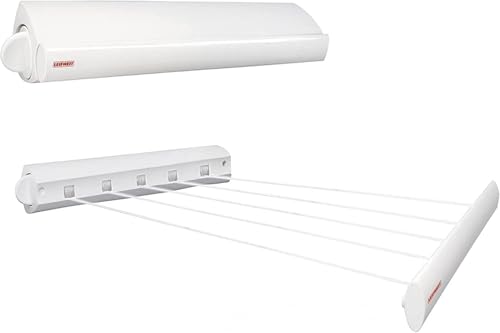 Leifheit Tendedero extensible de pared Rollfix 210, tendal plegable con cinco cuerdas resistentes extraíbles, tendedero de ropa extensible hasta 4,2 m