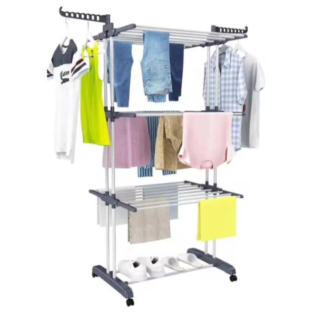 Tendedero Plegable Mikomika de Acero Inoxidable para Ropa, 4 Niveles con Alas Laterales, 6 Bandejas Retráctiles, 35 kg de Capacidad, 4 Ruedas 360° y Diseño Plegable para Ahorrar Espacio (4P-001 2590 D7)
