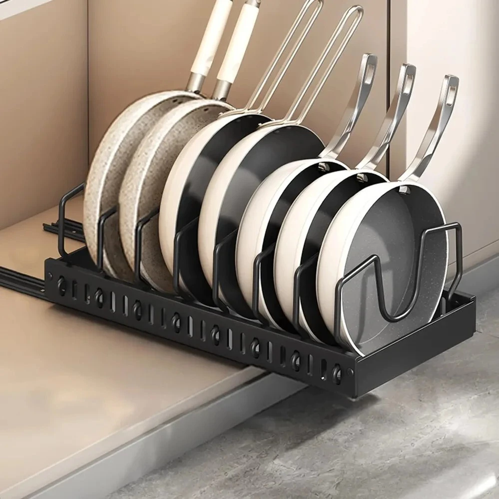 Organizador de ollas y sartenes debajo del gabinete, soporte para tapas de ollas deslizantes y estante para sartenes de cocina, organizador extraíble para ollas y sartenes, almacenamiento de platos
