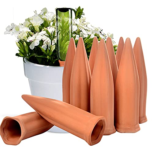 Regadera de cerámica para plantas de terracota con picos de riego automático para vacaciones o vacaciones (paquete de 10)