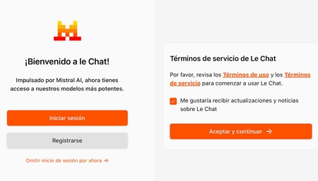 Inicio de sesión en LeChat. Se puede usar sin cuenta