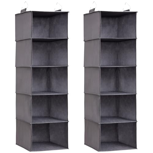 Lifewit Organizador Armario Colgante con 5 Estantes y 2 Ganchos Fuertes, Estantes de Almacenamiento para Armario, Organizador Plegable, Almacenamiento de Ropa, 102 cm (H), Gris, 2 Piezas