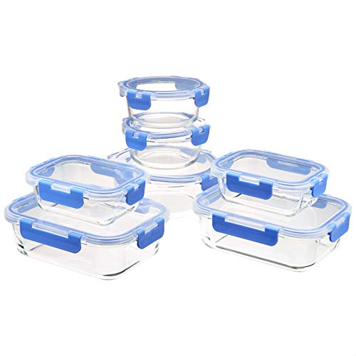 Amazon Basics Tapas 7 con 7 recipientes para conservación de alimentos sin BPA, conjunto de 14 unidades, Transparente Con Anillo de Silicona Azul