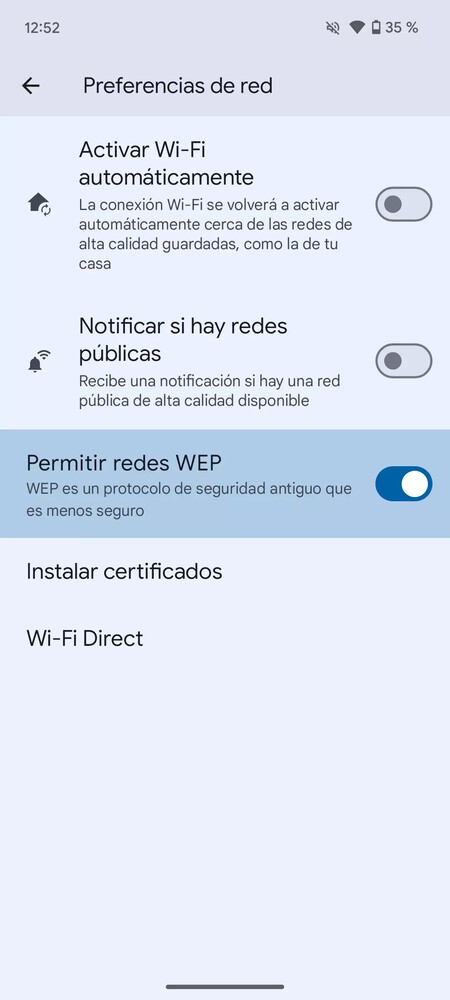 Captura de pantalla mostrando el menú de preferencias de red desde el que podemos habilitar el ajuste para conectarnos a las redes WEP