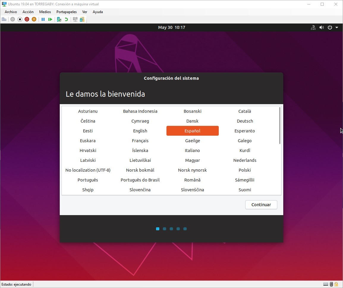 Ubuntu virtualizado listo para iniciar por primera vez en Windows