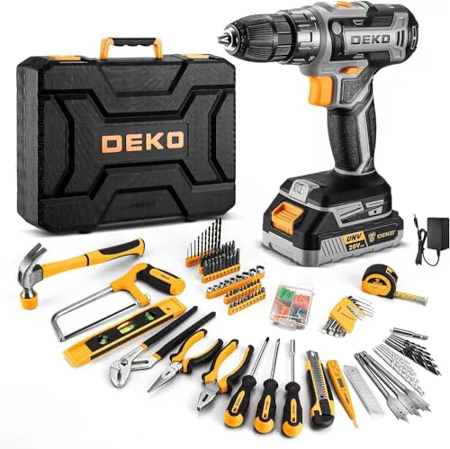 DEKO Caja Herramientas Completa con Destornillador Electrico/Taladro con bateria de 20V, Maletin de 186 Piezas, Caja profesional de herramientas Domésticas de Bricolaje para Oficinas y Jardín