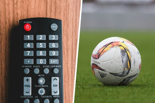 Composición con foto de un mando a distancia y un balón de fútbol