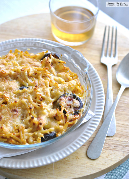 Fideos al horno con shiitake y pollo. Receta