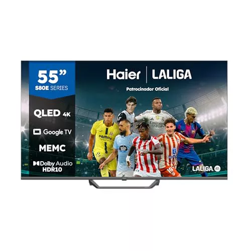 Haier QLED 4K UHD H55S80EUX - Smart TV 55", Google TV, Dolby Audio, HDR 10, Smart Remote Control, Google Assistant, Bluetooth 5.1, DBX TV, HDMI 2.1 x 4, Sin Marcos, 2024
