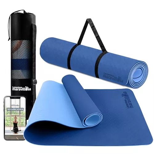 LA MENTE ES MARAVILLOSA - Esterilla de Yoga, Pilates y Fitness【E-Book, Bolsa y Correa de Hombro】Colchoneta Antideslizante TPE para Deportes, Gimnasio en Casa | 183x61 cm (Azul Oscuro/Claro sin Diseño)