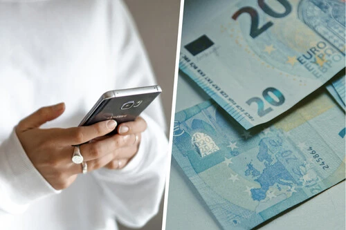 Composición con foto de una persona usando el móvil e imagen de billetes de euro