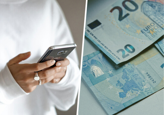 Composición con foto de una persona usando el móvil e imagen de billetes de euro