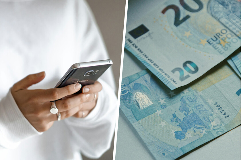 Composición con foto de una persona usando el móvil e imagen de billetes de euro