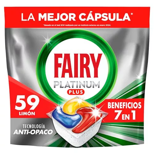 Fairy Platinum Plus Cápsulas De Lavavajillas Todo En Uno Limón, 59 Cápsulas, El embalaje puede variar