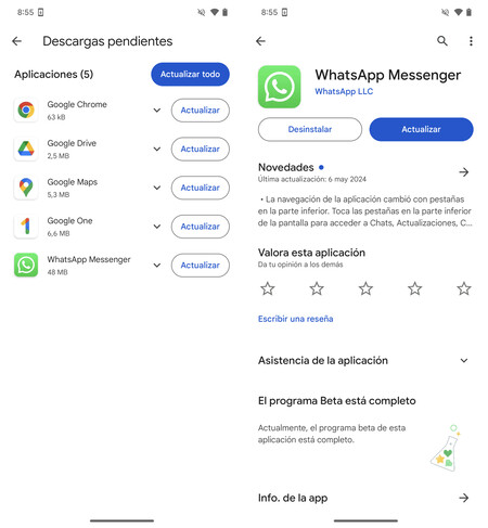 Capturas de pantalla mostrando una actualización de WhatsApp disponible en la tienda de aplicaciones de Google