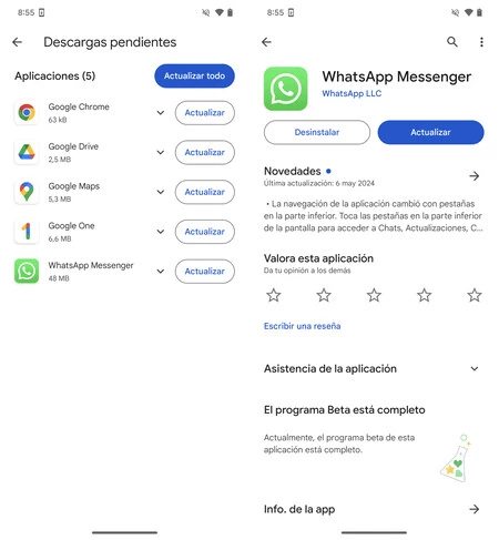 Capturas de pantalla mostrando una actualización de WhatsApp disponible en la tienda de aplicaciones de Google