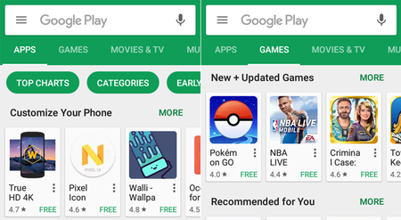 Google Play Store está probando separar sus diferentes secciones en pestañas